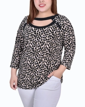 TemperatureRegulating Fabric Flowing Design Plus Size 3/4 Sleeve Top With Combo Bands And Front Cutout