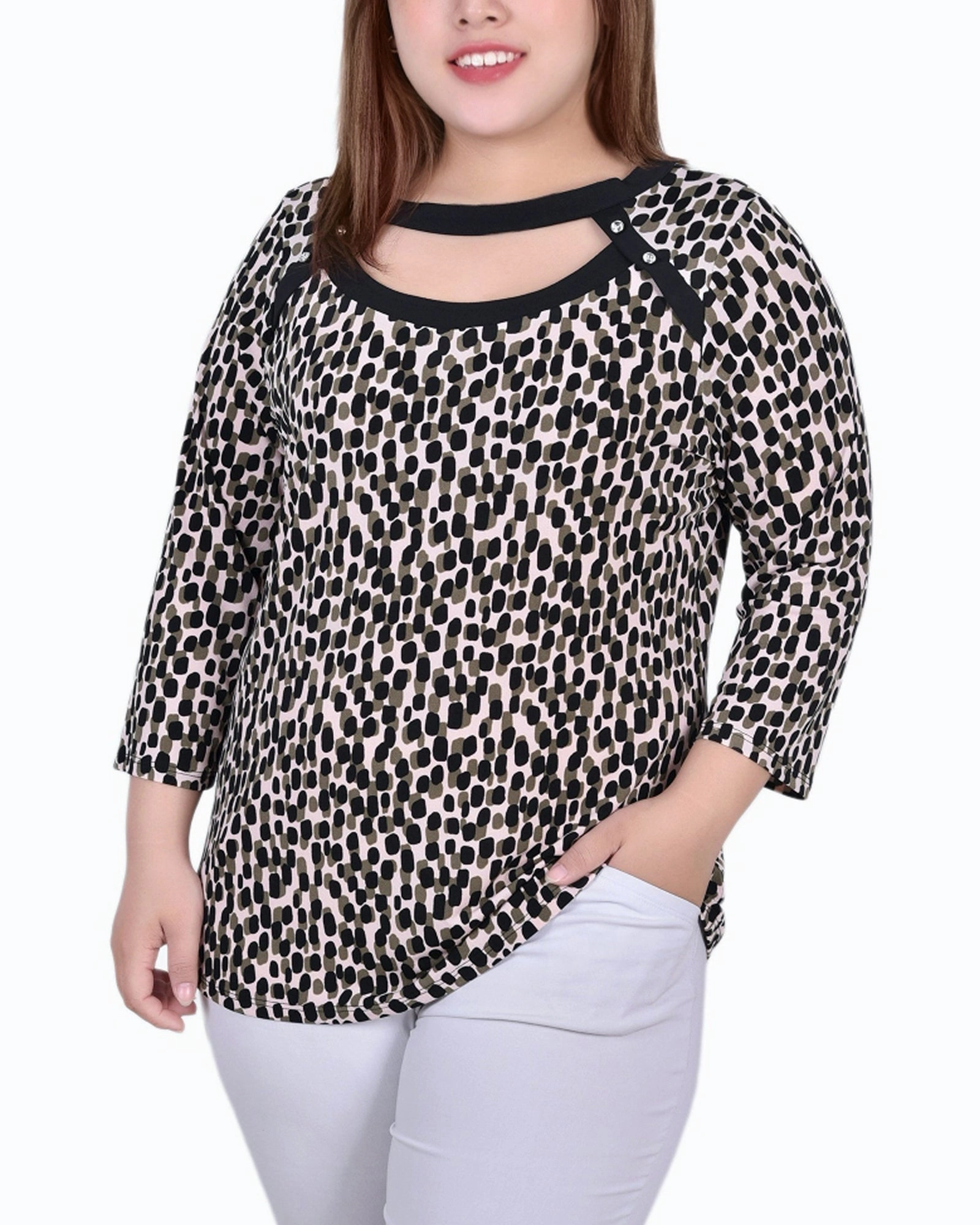 TemperatureRegulating Fabric Flowing Design Plus Size 3/4 Sleeve Top With Combo Bands And Front Cutout