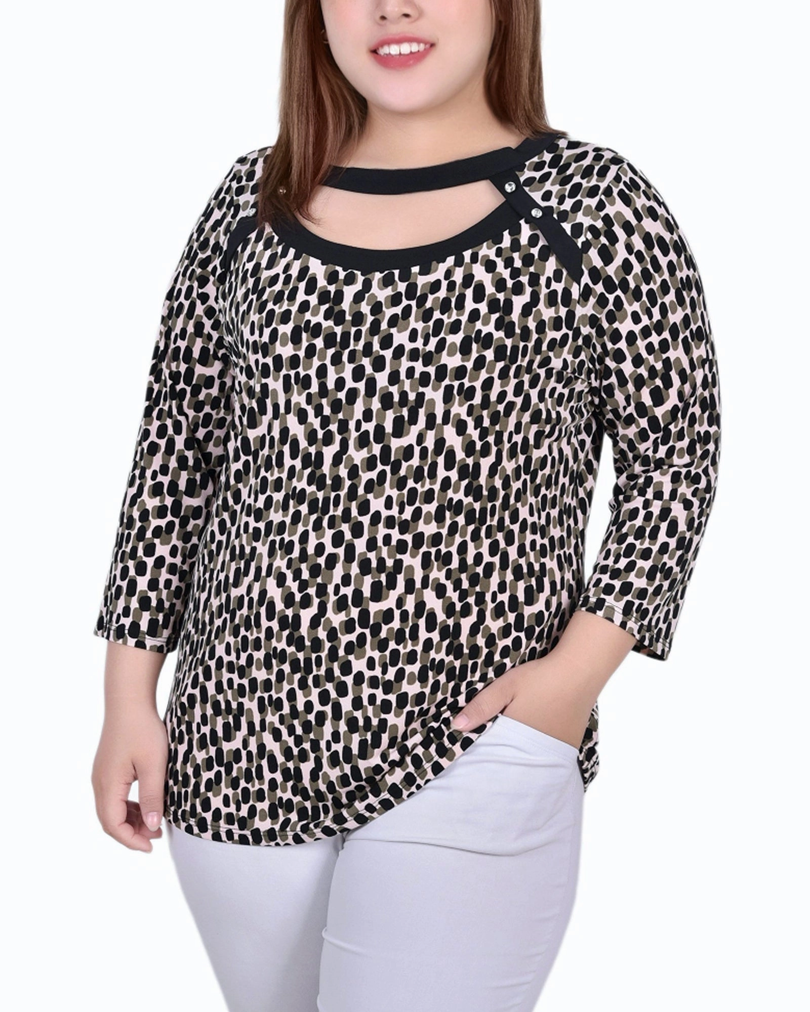 Microfiber Technology Plus Size 3/4 Sleeve Top With Combo Bands And Front Cutout