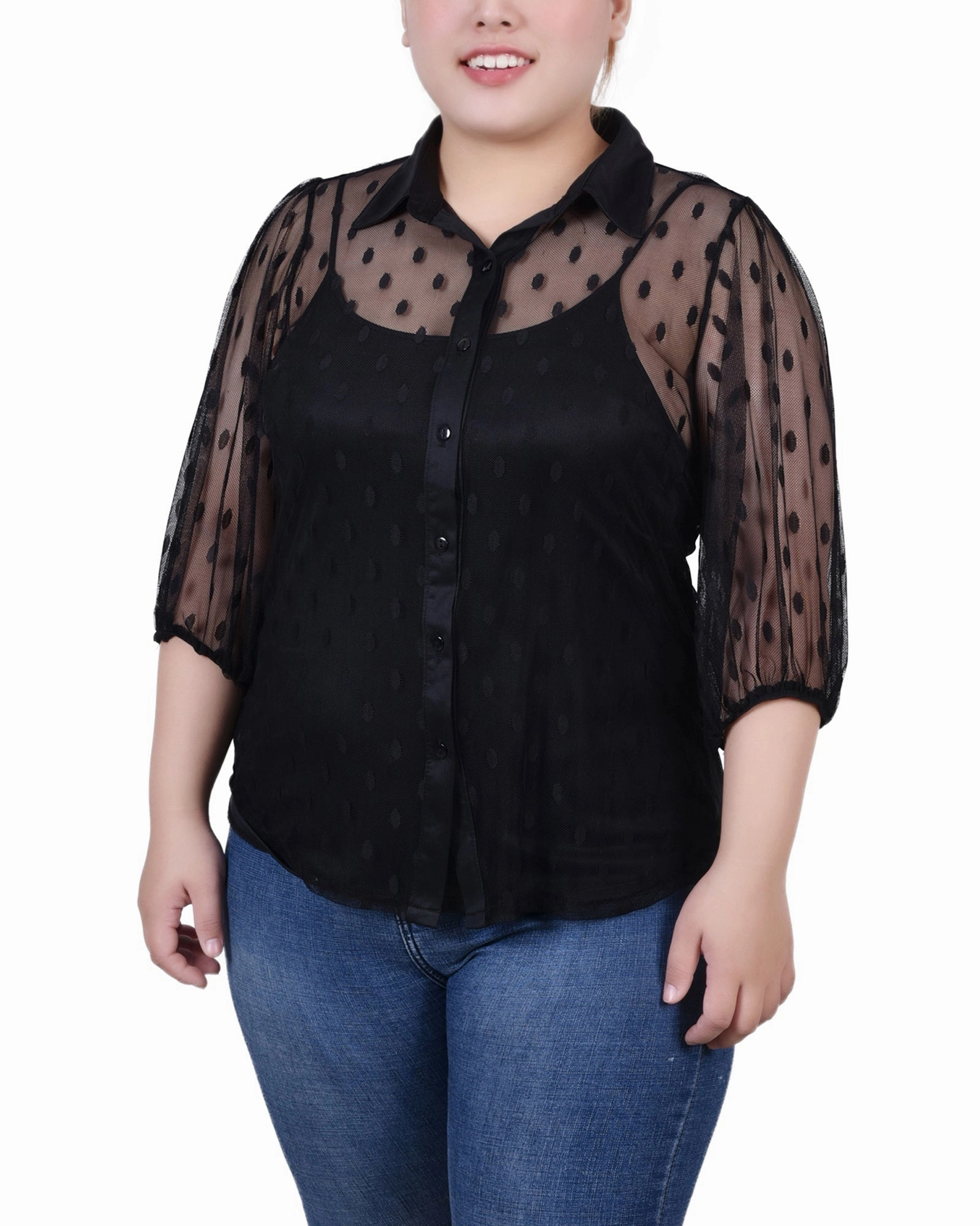 Durable Hem Stitching Plus Size Elbow Sleeve Clip Dot Blouse With Camisole