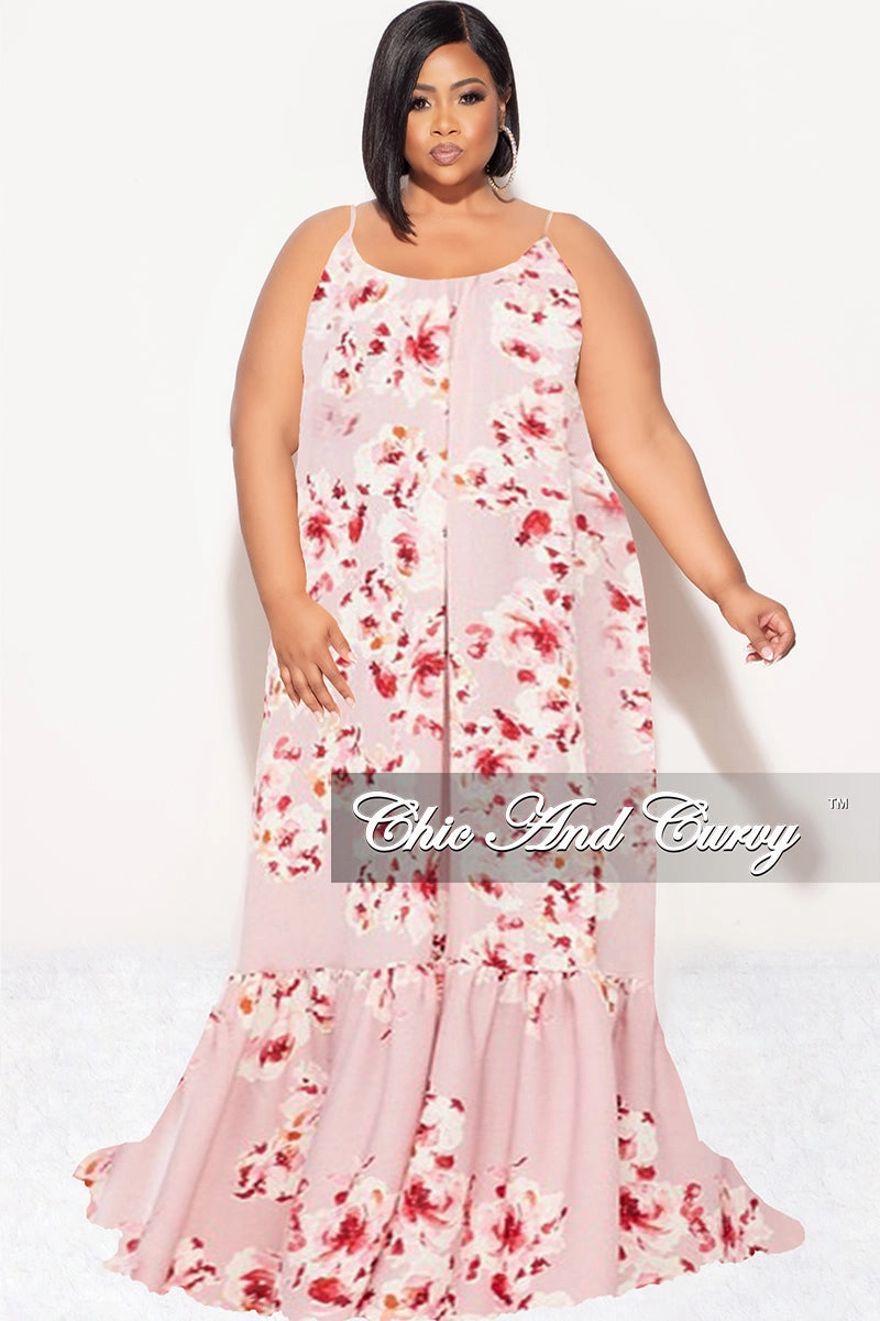 Final Sale Plus Size Maxi Dress with Spaghetti Straps in Mauve Floral Print Breathable Material