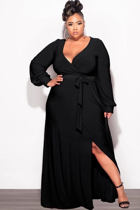 Comfortable Look Wear Final Sale Plus Size Faux Wrap Maxi Dress with Side Slit in Black