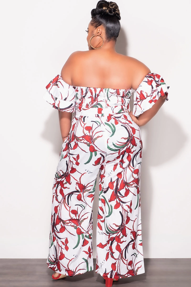 Utility Ready Final Sale Plus Size 2pc Set White & Red Flower Print With Crop Top & Matching High Rise Pants
