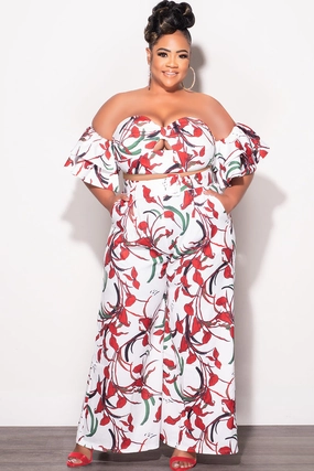 Final Sale Plus Size 2pc Set White & Red Flower Print With Crop Top & Matching High Rise Pants Body-Hugging Fit