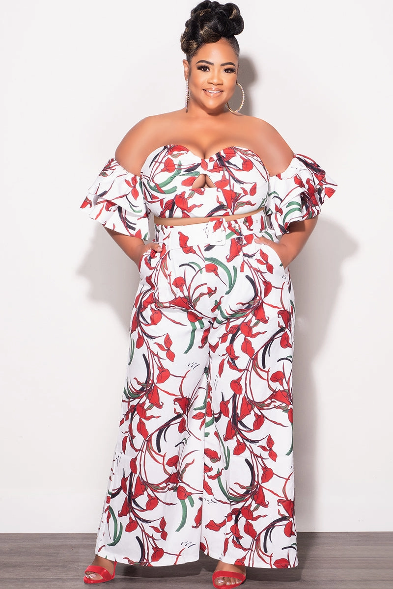 Final Sale Plus Size 2pc Set White & Red Flower Print With Crop Top & Matching High Rise Pants Body-Hugging Fit