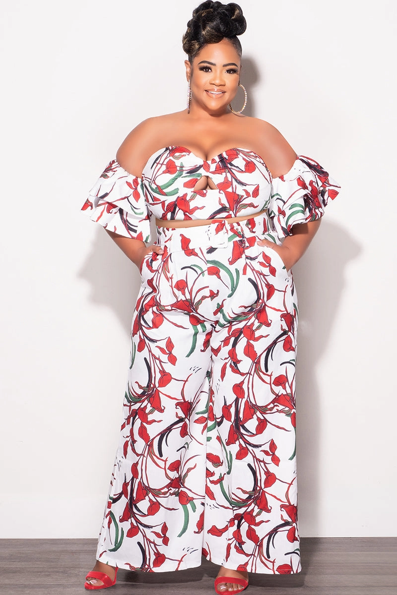 Final Sale Plus Size 2pc Set White & Red Flower Print With Crop Top & Matching High Rise Pants Dynamic Flex Panels