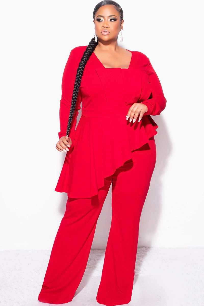 Stretch Comfort Final Sale Plus Size Asymmetrical Ruffle Peplum Jumpsuit in Red