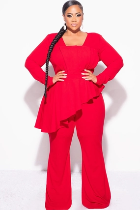 Sleek Waist All Around Fit Final Sale Plus Size Asymmetrical Ruffle Peplum Jumpsuit in Red