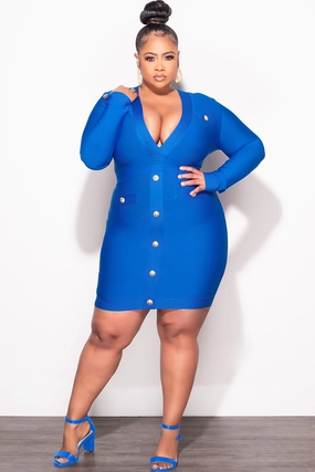 ComfortFit Final Sale Plus Size Deep Faux Wrap Long Sleeve Bandage BodyCon Dress with Gold Buttons in Royal Blue