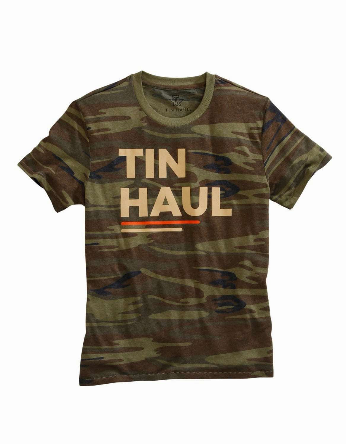 Tin Haul Unisex Green Camo Cotton Blend Block Letters S/S T-Shirt Snug feel Versatile Layering Piece