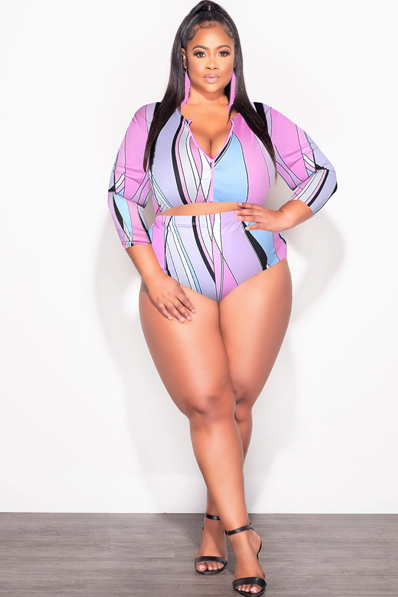 FlexibleStretchWeave Final Sale Plus Size 2Pc Poolside Playsuit Set in Pink & Blue Print