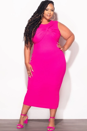 Effortless Look Sleek and Soft Final Sale Plus Size Ribbed BodyCon Dress in Fuchsia