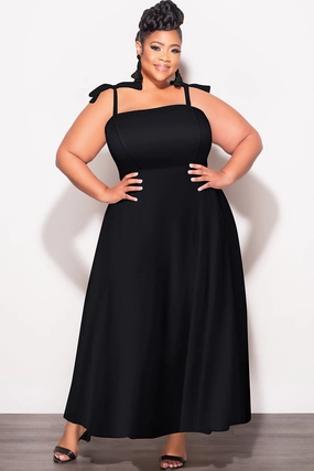 Final Sale Plus Size Self Tie Strap Light Weight  Linen Blend Dress in Black Relaxed Vibe