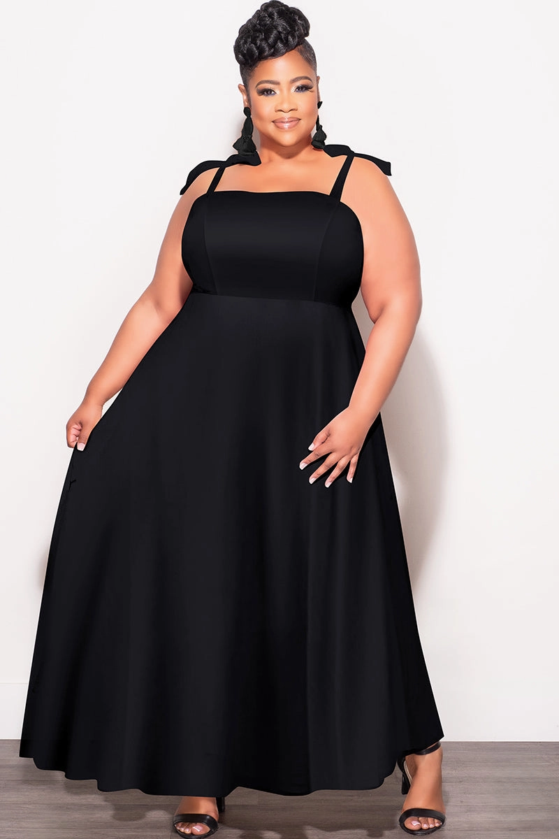 Final Sale Plus Size Self Tie Strap Light Weight  Linen Blend Dress in Black All Time Use