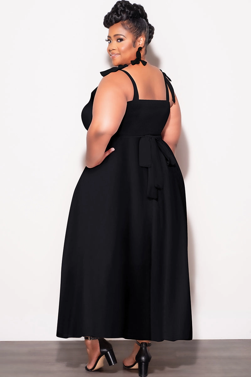 Breath Fit Final Sale Plus Size Self Tie Strap Light Weight  Linen Blend Dress in Black