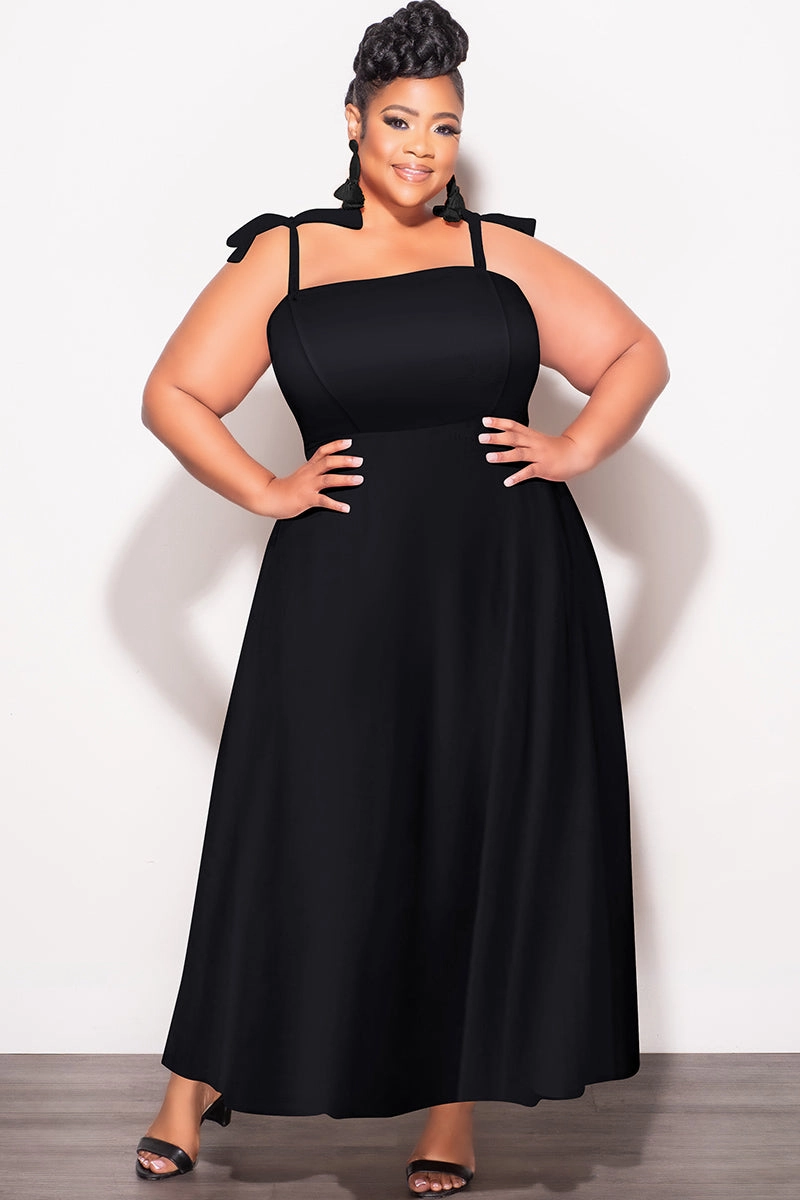 Final Sale Plus Size Self Tie Strap Light Weight  Linen Blend Dress in Black Relaxed Vibe