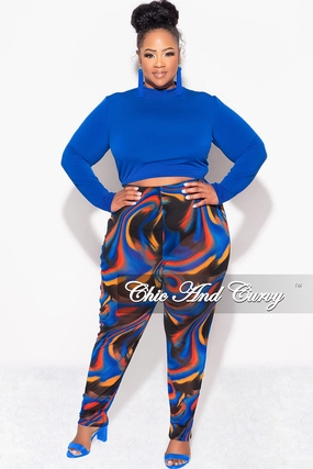 StretchFabric Final Sale Plus Size 2pc Long Sleeve Crop Tie Top and Mesh Pants in Royal Blue Multi Color