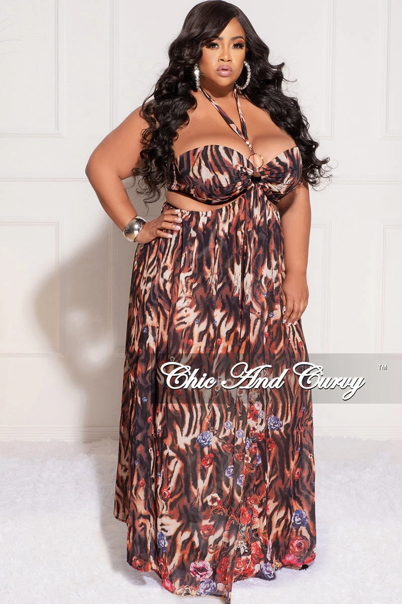 Final Sale Plus Size Chiffon Halter Playsuit with Open Back & Train in Animal Print Cozy Stretch Fit AdjustableTabs