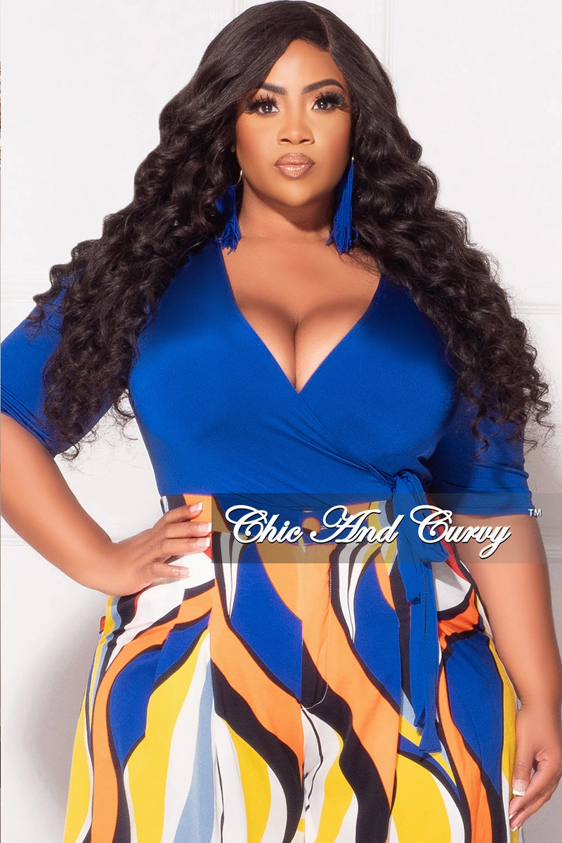 Weekend Style Final Sale Plus Size Faux Wrap Bodysuit in Royal Blue