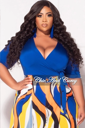Weekend Style Final Sale Plus Size Faux Wrap Bodysuit in Royal Blue