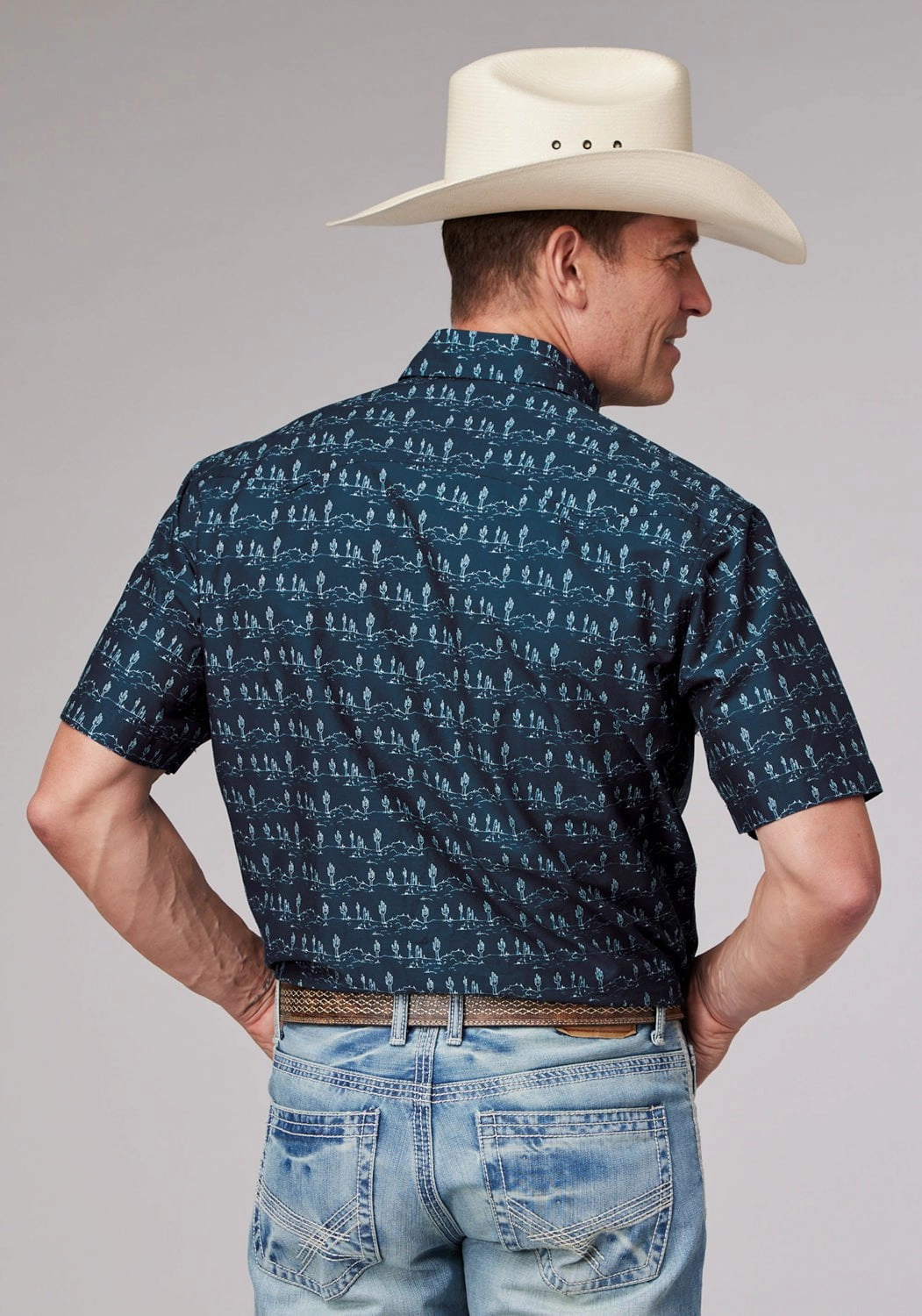 Roper Mens Desert Stripe Print Blue 100% Cotton S/S Shirt Fashion-Forward Graphic Art