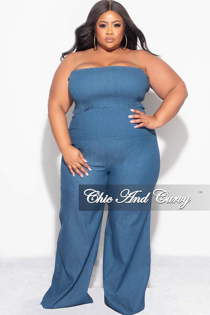 Fashionable Fit Neutral Fit Final Sale Plus Size 2pc Strapless Crop Top and Pants Set in Denim