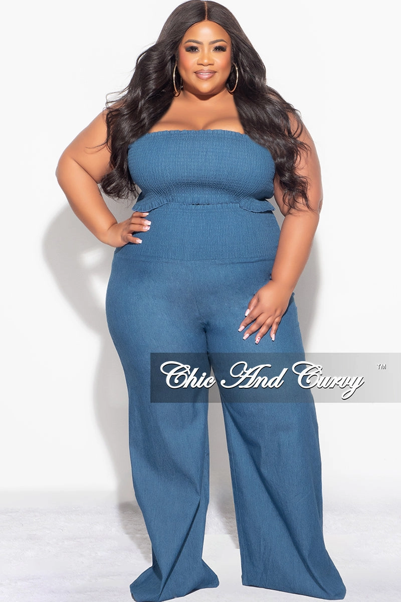 Stretch Panel Final Sale Plus Size 2pc Strapless Crop Top and Pants Set in Denim