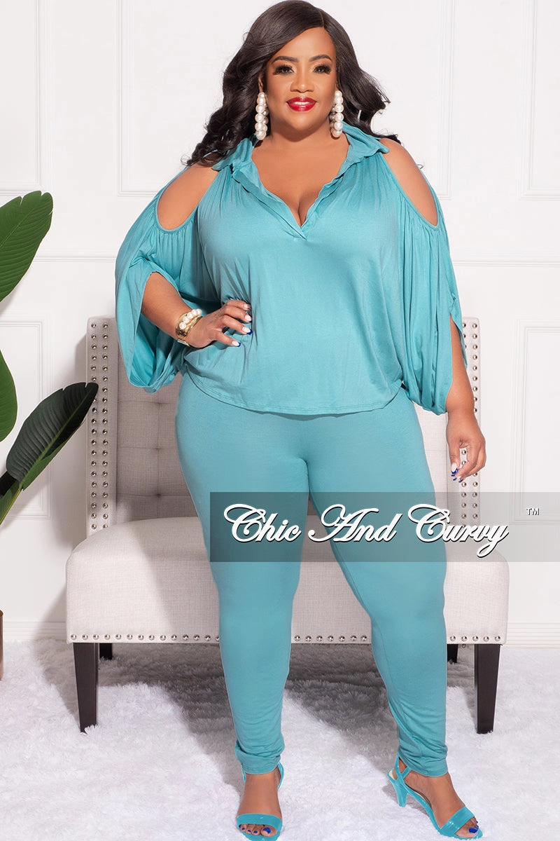 Structured fabric Breathable activewear Final Sale Plus Size 2pc Cold Shoulder Shirt Top and Pants Nile Blue