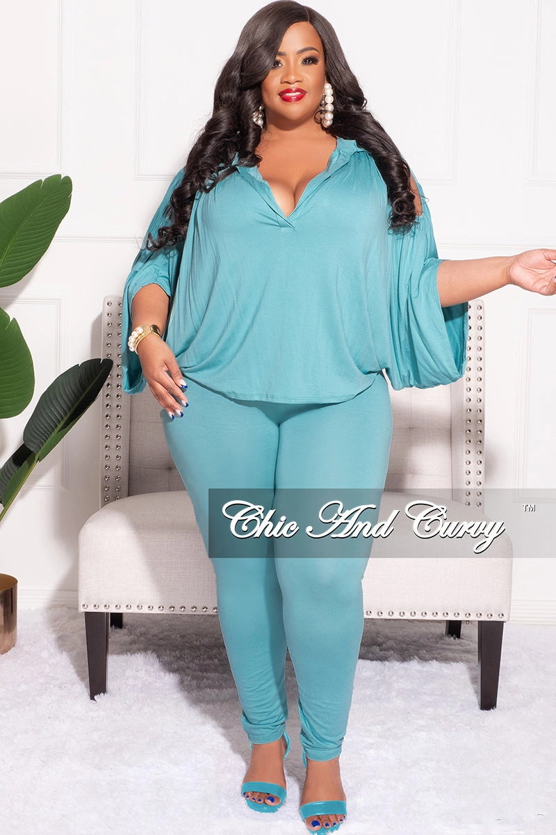 Fashion Fit Final Sale Plus Size 2pc Cold Shoulder Shirt Top and Pants Nile Blue