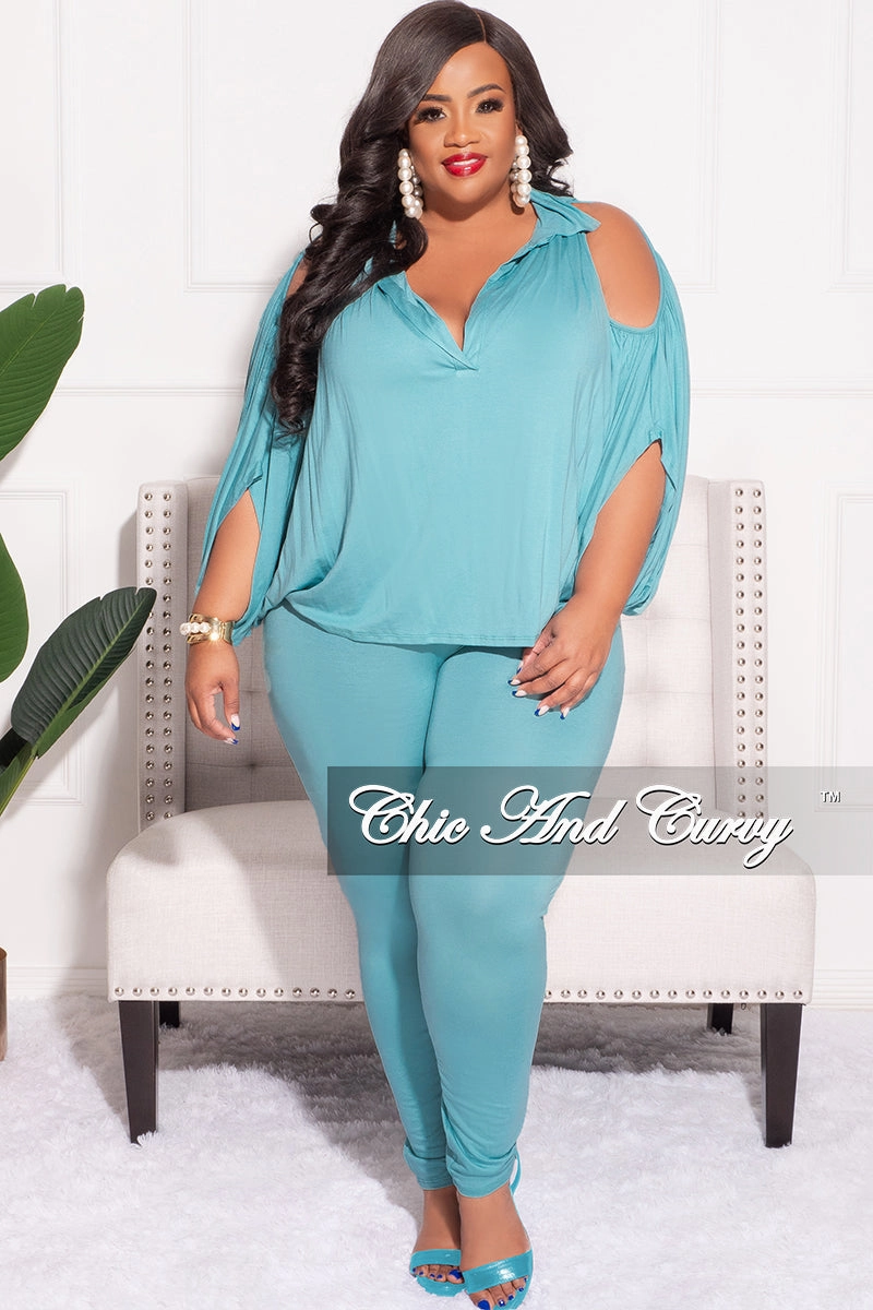 Final Sale Plus Size 2pc Cold Shoulder Shirt Top and Pants Nile Blue Slim Stretch