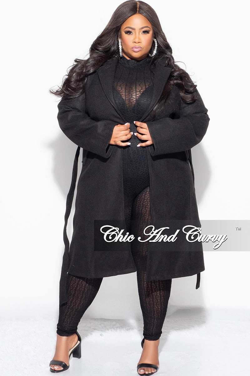 Active Comfort Wear Modern Relaxed Final Sale Plus Size Wool Trench Coat with Tie in  Black
