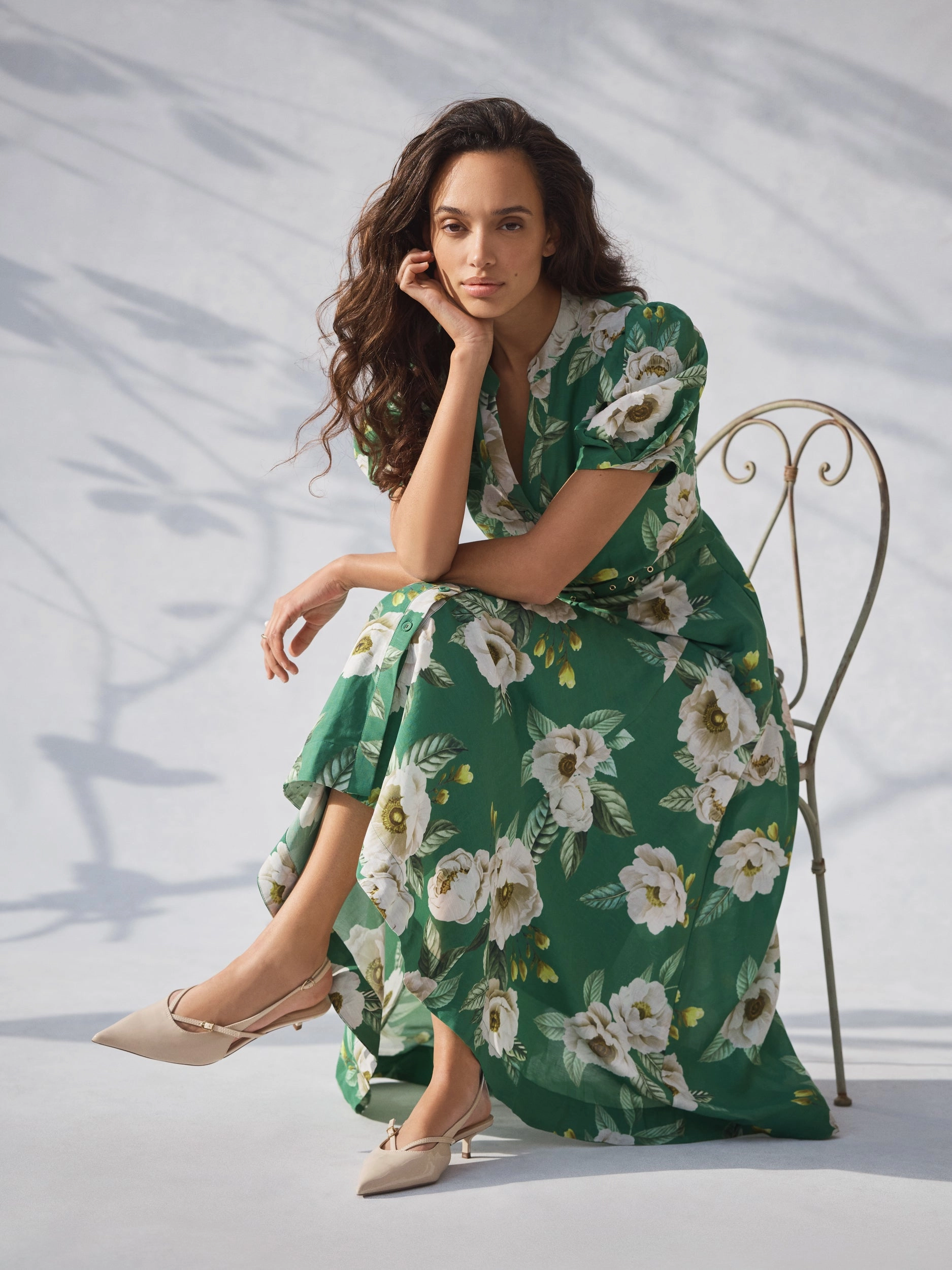 Golden Scene High-Low-Hem Peony Shirtdress