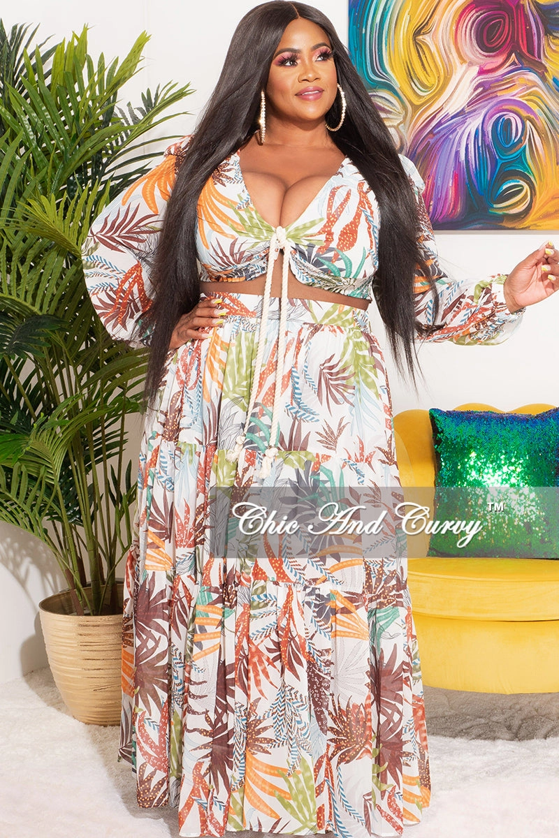 Final Sale Plus Size Chiffon 2pc Set with Rope Tie Top and Maxi Skirt in Palm Print Layered Wear Quick Dry Wear