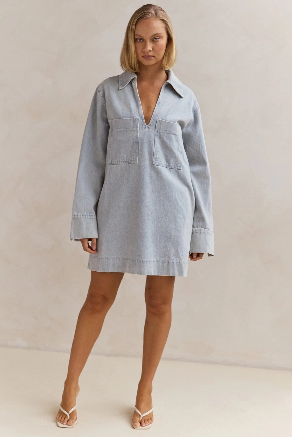 Tara Long Sleeve Dress (Light Blue) Satin-Finish