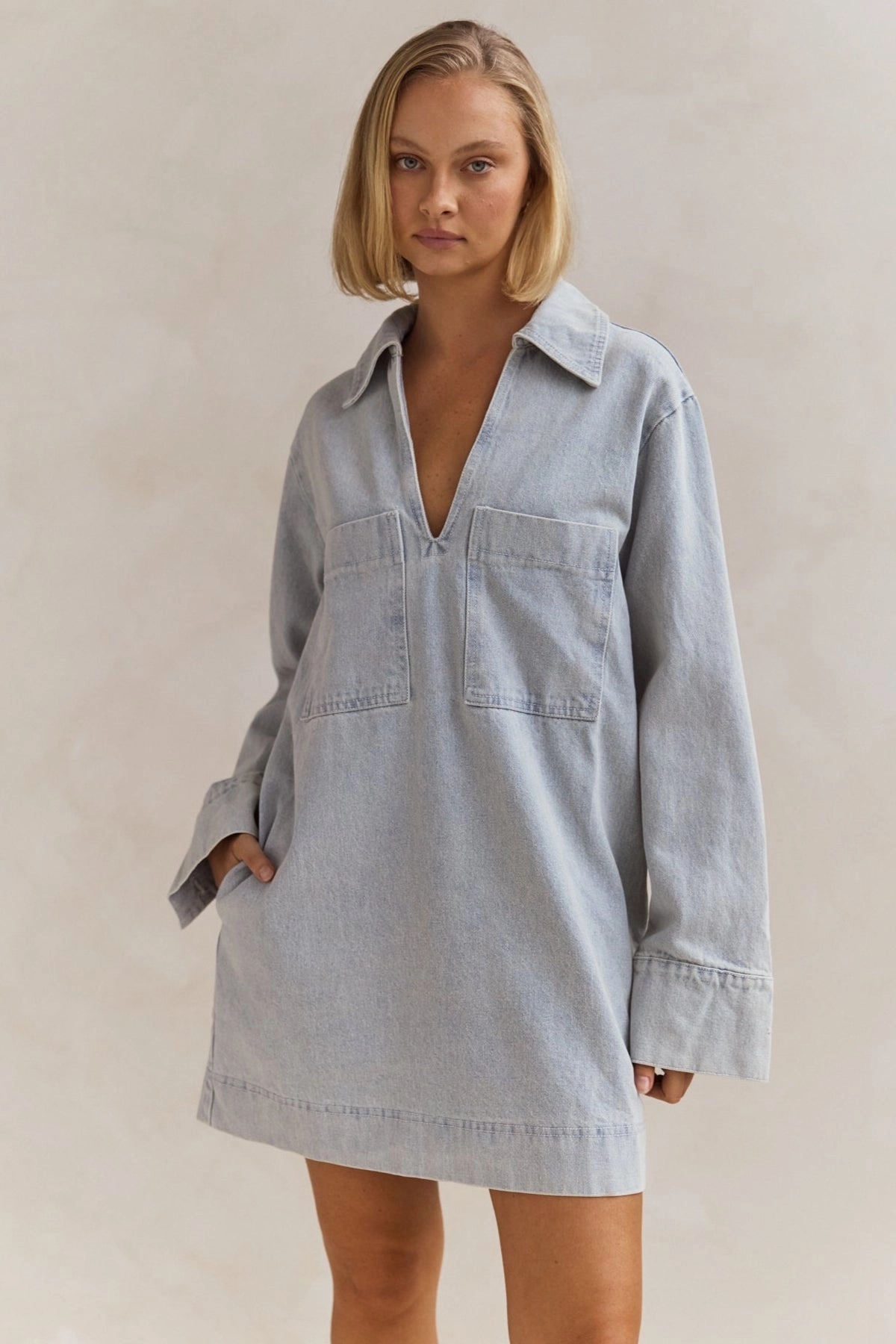 Balanced Tone Flattering Waistband Tara Long Sleeve Dress (Light Blue)