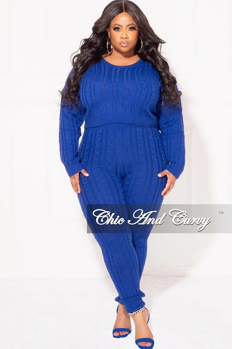 Reinforced Seams Stylish Appearance Final Sale Plus Size 2-Piece Sweater Pants Set in Royal Blue