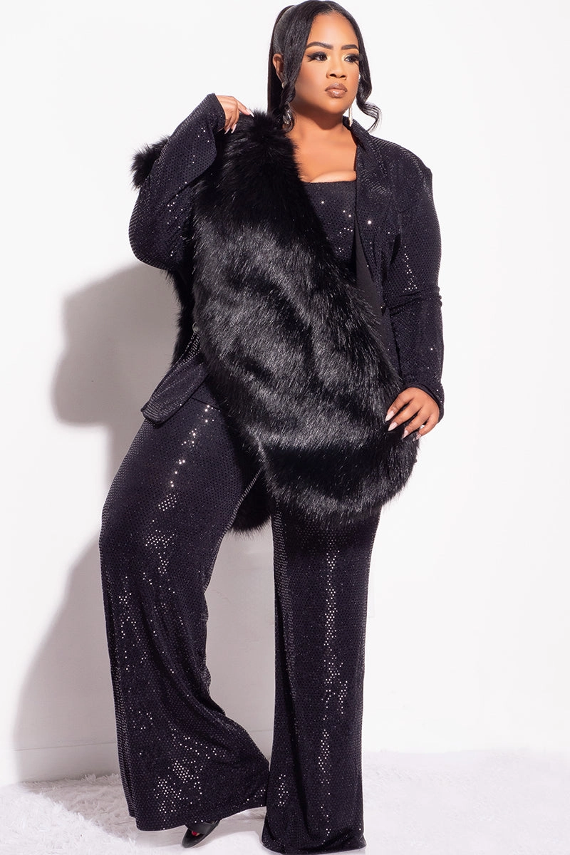 Performance Support Final Sale Plus Size 3pc Confetti Dot Knit Sequin Pant Set in Black (Wide Legs)
