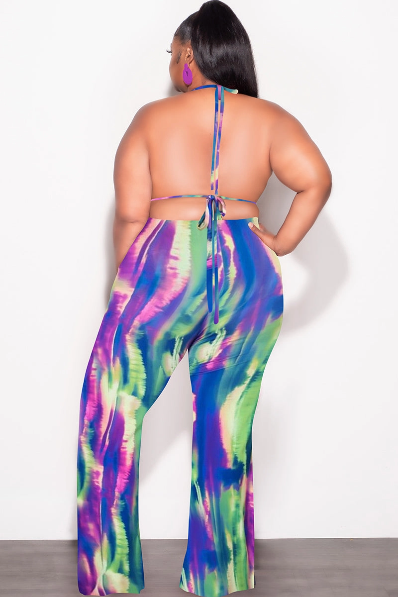 *Final Sale Plus Size  3pc Poolside Playsuit (Top, High Waist Bottoms & Pants) Set in Neon Watercolors Flexible Gusset
