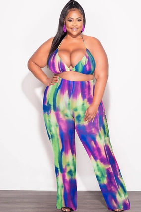 *Final Sale Plus Size  3pc Poolside Playsuit (Top, High Waist Bottoms & Pants) Set in Neon Watercolors Non Iron Technology Flexible Leg