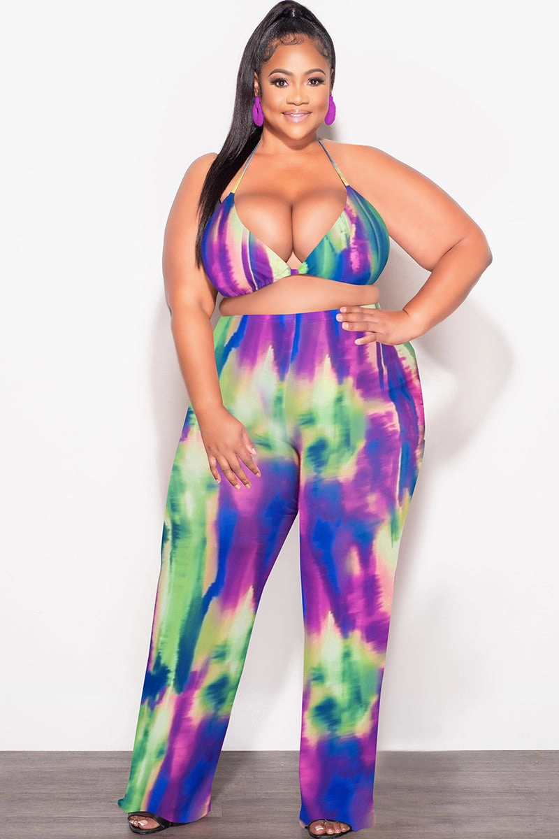 Flex Movement Simple Utility *Final Sale Plus Size  3pc Poolside Playsuit (Top, High Waist Bottoms & Pants) Set in Neon Watercolors