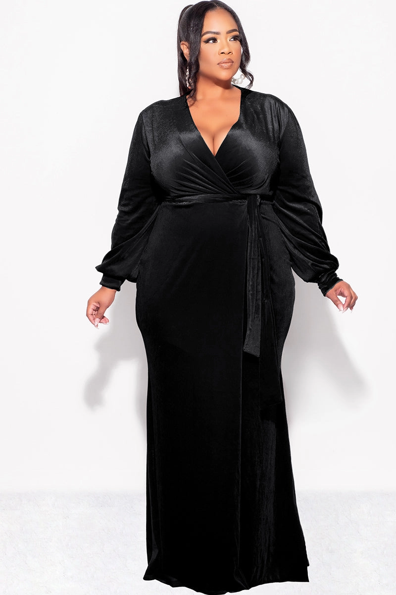 Final Sale Plus Size Faux Wrap Gown with Tie Belt in Black Velvet Flatlock Seams Water resistant coating