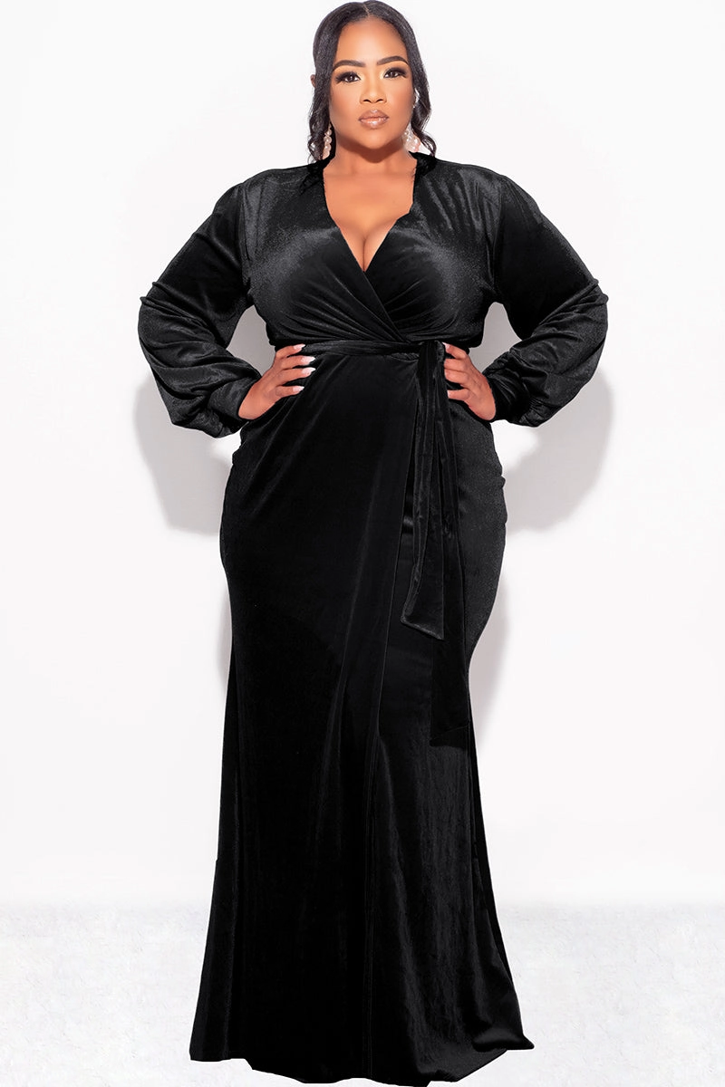 Final Sale Plus Size Faux Wrap Gown with Tie Belt in Black Velvet FlexFoamPadding