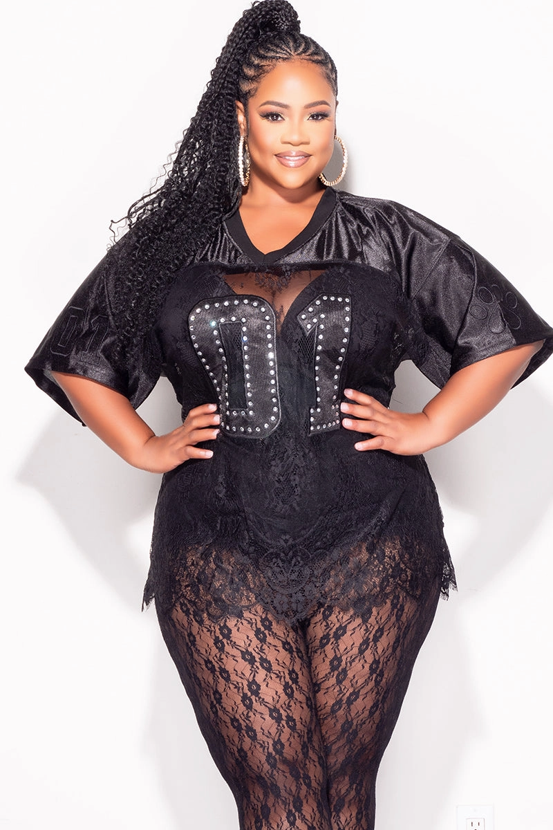 Sport Performance Final Sale Plus Size Lace Stone Jersey in Black (Top Only)