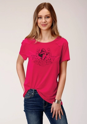 Roper Womens Red Poly/Rayon Horseshoe S/S Cowgirl T-Shirt Minimalist fashion