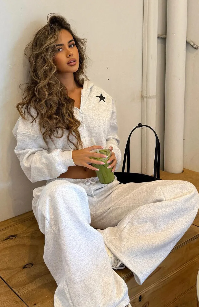 From The Archives Charli Cropped Zip Front Hoodie Grey Marle MoistureWicking Yarn Warm Essentials