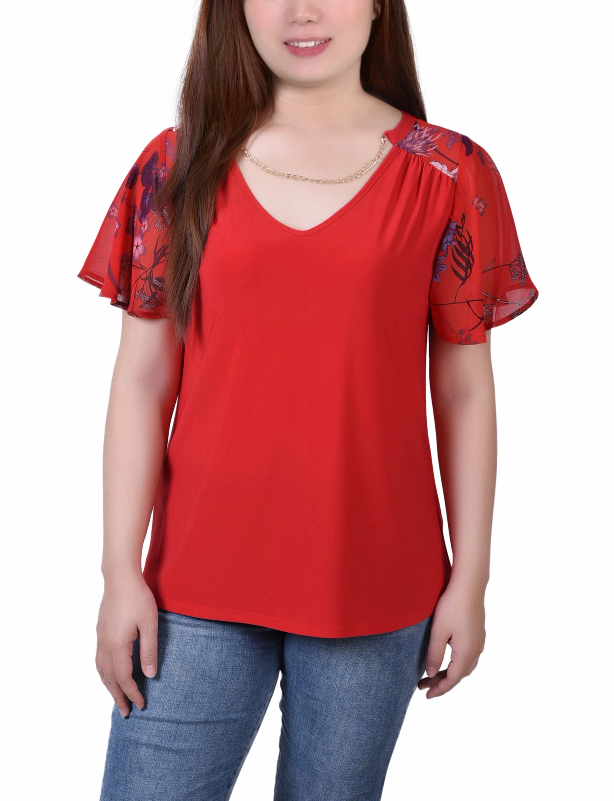 Non Chafing Side Seams LightReflective Combo Chiffon-Sleeve V Neck Top