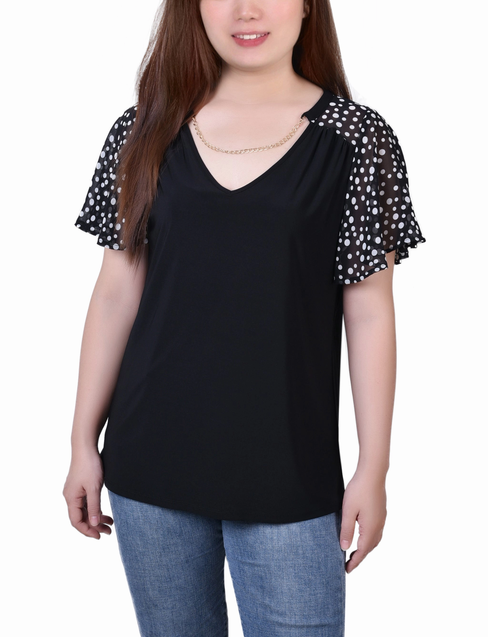 Antibacterial Combo Chiffon-Sleeve V Neck Top