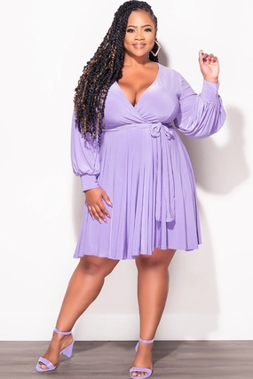 HighWaistSupport Quick-Dry Fabric Final Sale Plus Size Long Sleeve Faux Wrap Skater Dress in Purple