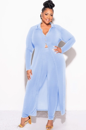 Final Sale Plus Size 2pc Set Duster Top with Front Gold Buttons and Matching Pants in Blue Slinky Fabric Effortless Style
