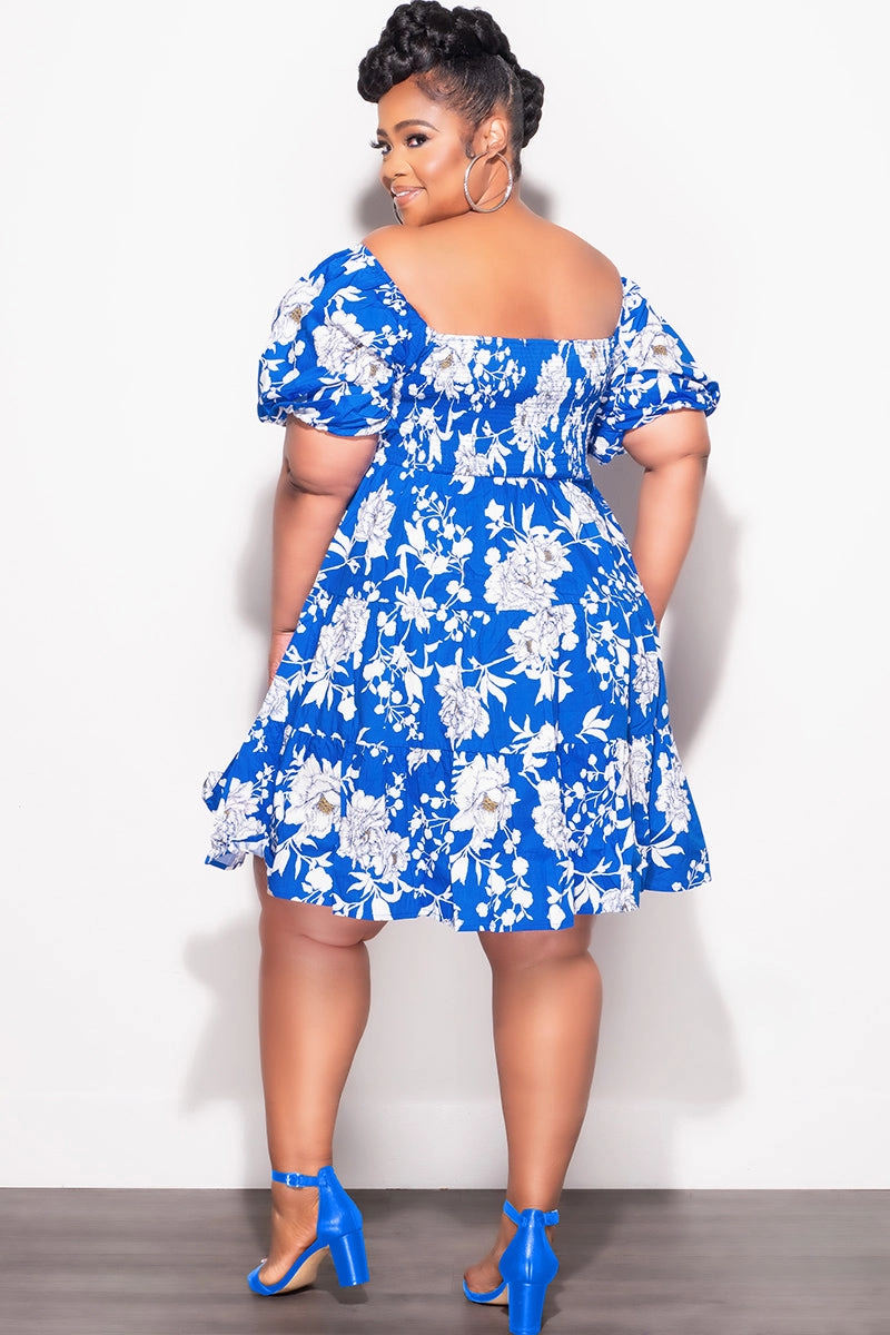 Final Sale Plus Size Dress in Royal Blue & White Design Print Bold Design Reinforced Seams